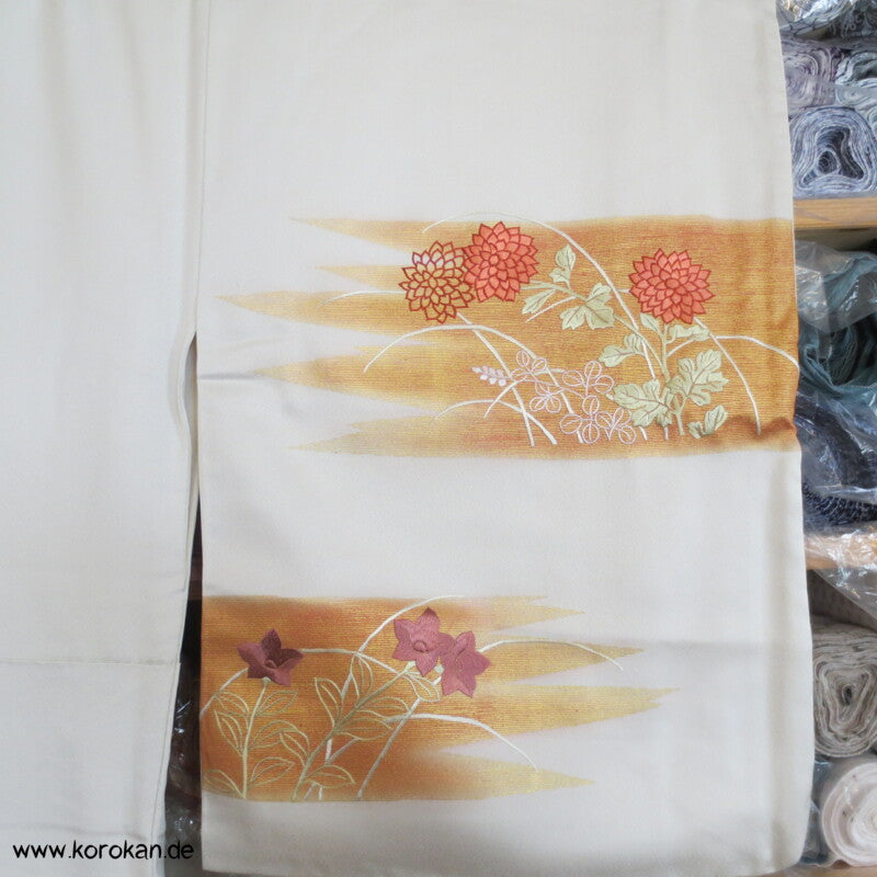 goldene Nebel Blumenstickerei Homongi Seidencrepesatin Kimono