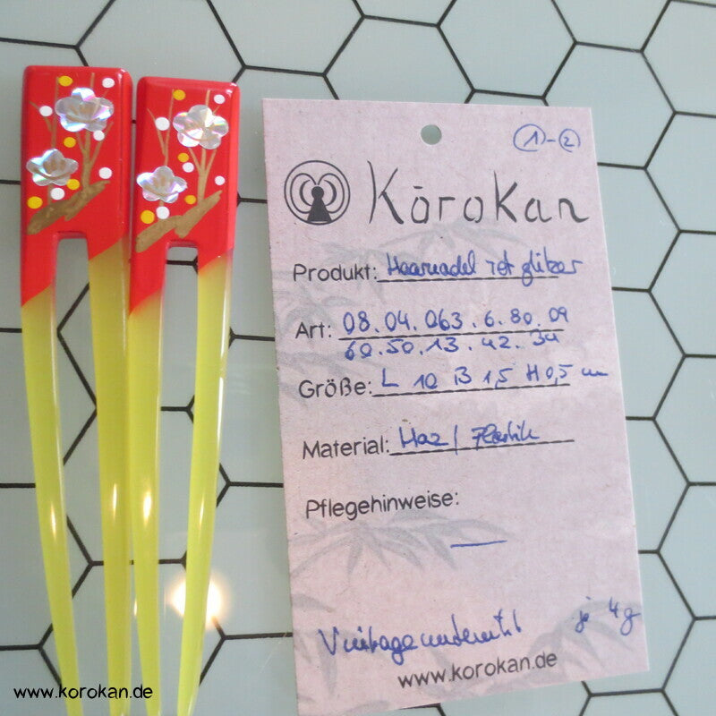 Haarnadel - Perlmuttblüten auf rot bemaltem Kunstharz