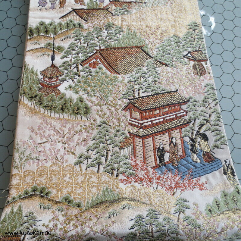 Gartenlandschaftsszene Fukuro Obi Seidenbrokat Kimonogürtel