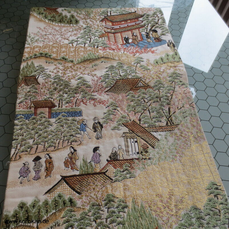Gartenlandschaftsszene Fukuro Obi Seidenbrokat Kimonogürtel