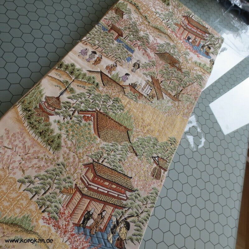 Gartenlandschaftsszene Fukuro Obi Seidenbrokat Kimonogürtel