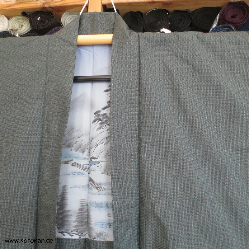 hellblau - beige Kasuri Tsumugi Haori, Flößermotiv