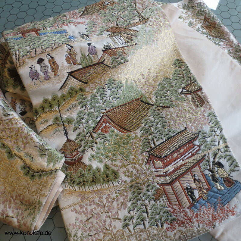 Gartenlandschaftsszene Fukuro Obi Seidenbrokat Kimonogürtel