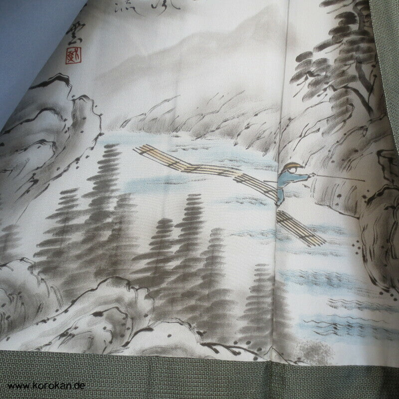 hellblau - beige Kasuri Tsumugi Haori, Flößermotiv