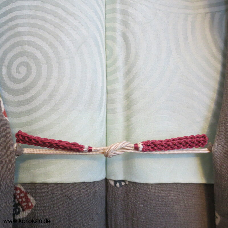 grau - bunt bedruckte Tsumugi Seide Haori Kimono Jacke, mit Himo