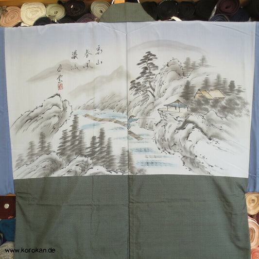 hellblau - beige Kasuri Tsumugi Haori, Flößermotiv