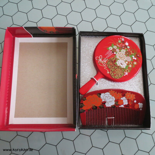 Spiegel und Kamm Set, Chrysanthemen auf rot