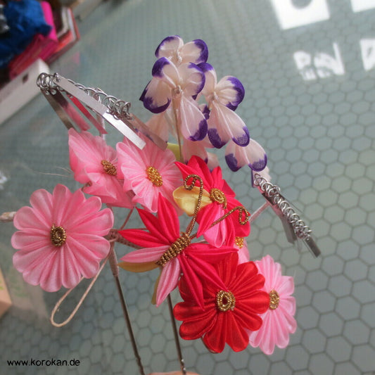japanische Kanzashi Haarnadel Blüten mit Schmetterling und Hänge Birra Birra