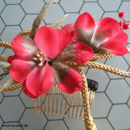 Kanzashi Haarkamm - Fascinator, Blüten Kordel