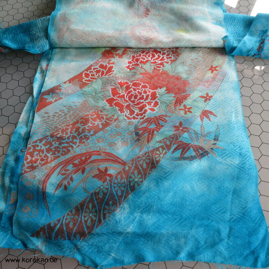 Sayagata Rinzu Damast Seide, Stickerei, Furisode Araihari Stoffstücke, überfärbt