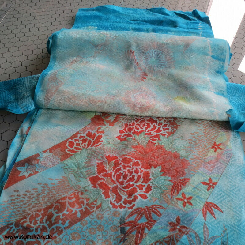 Sayagata Rinzu Damast Seide, Stickerei, Furisode Araihari Stoffstücke, überfärbt