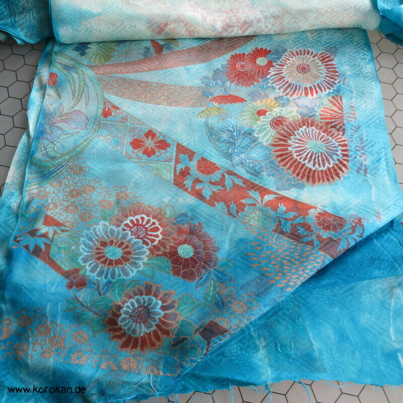 Sayagata Rinzu Damast Seide, Stickerei, Furisode Araihari Stoffstücke, überfärbt