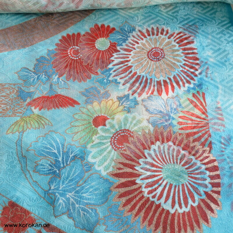 Sayagata Rinzu Damast Seide, Stickerei, Furisode Araihari Stoffstücke, überfärbt