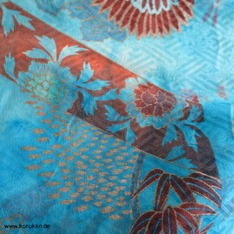 Sayagata Rinzu Damast Seide, Stickerei, Furisode Araihari Stoffstücke, überfärbt