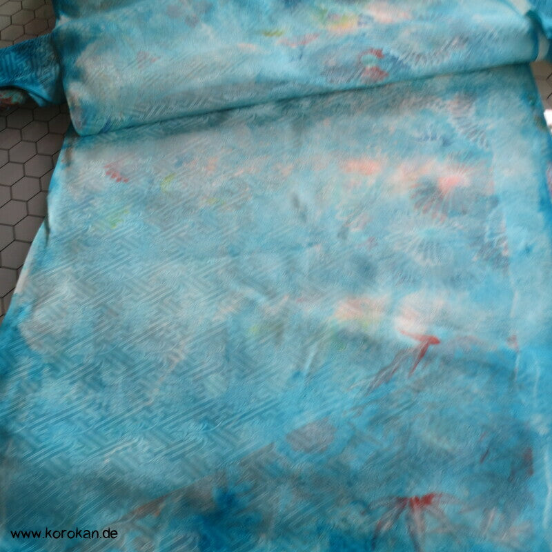 Sayagata Rinzu Damast Seide, Stickerei, Furisode Araihari Stoffstücke, überfärbt