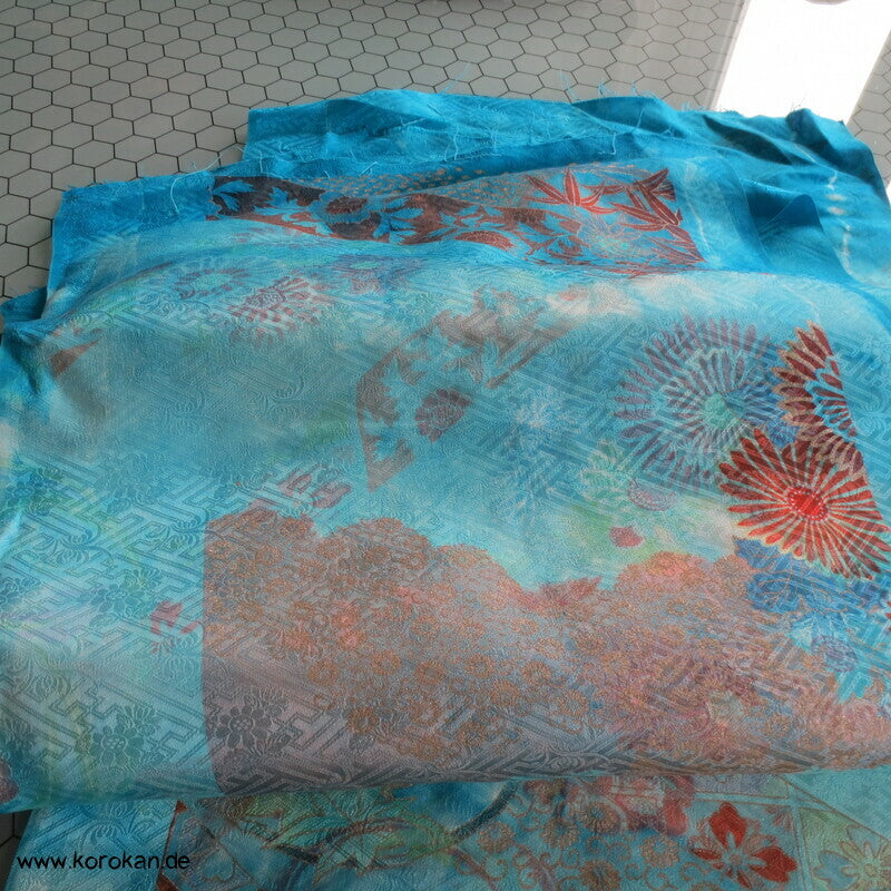 Sayagata Rinzu Damast Seide, Stickerei, Furisode Araihari Stoffstücke, überfärbt