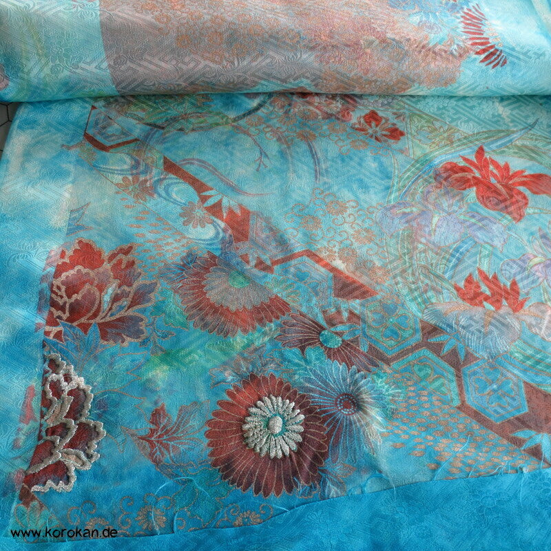 Sayagata Rinzu Damast Seide, Stickerei, Furisode Araihari Stoffstücke, überfärbt