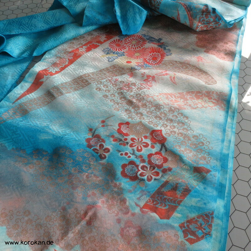Sayagata Rinzu Damast Seide, Stickerei, Furisode Araihari Stoffstücke, überfärbt