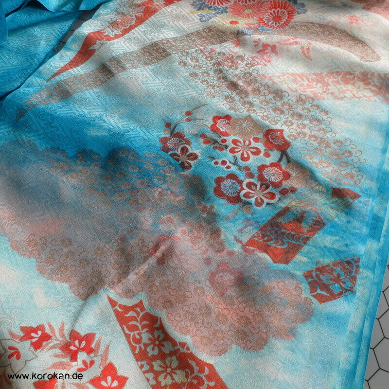 Sayagata Rinzu Damast Seide, Stickerei, Furisode Araihari Stoffstücke, überfärbt