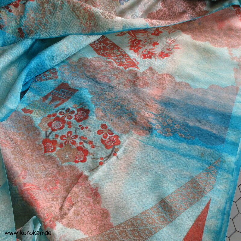 Sayagata Rinzu Damast Seide, Stickerei, Furisode Araihari Stoffstücke, überfärbt