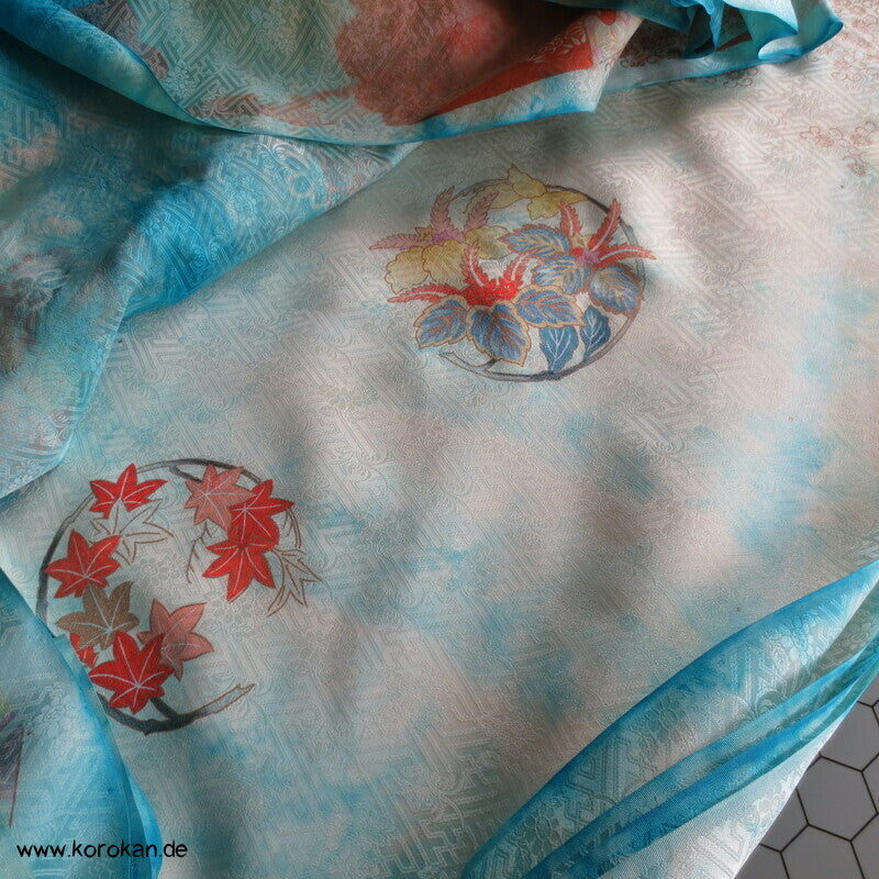 Sayagata Rinzu Damast Seide, Stickerei, Furisode Araihari Stoffstücke, überfärbt