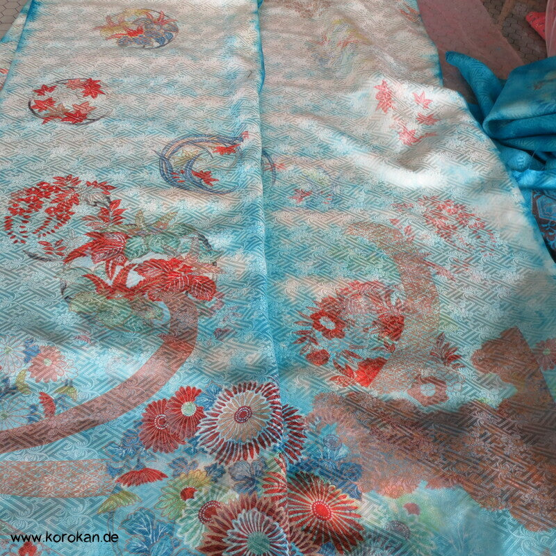 Sayagata Rinzu Damast Seide, Stickerei, Furisode Araihari Stoffstücke, überfärbt