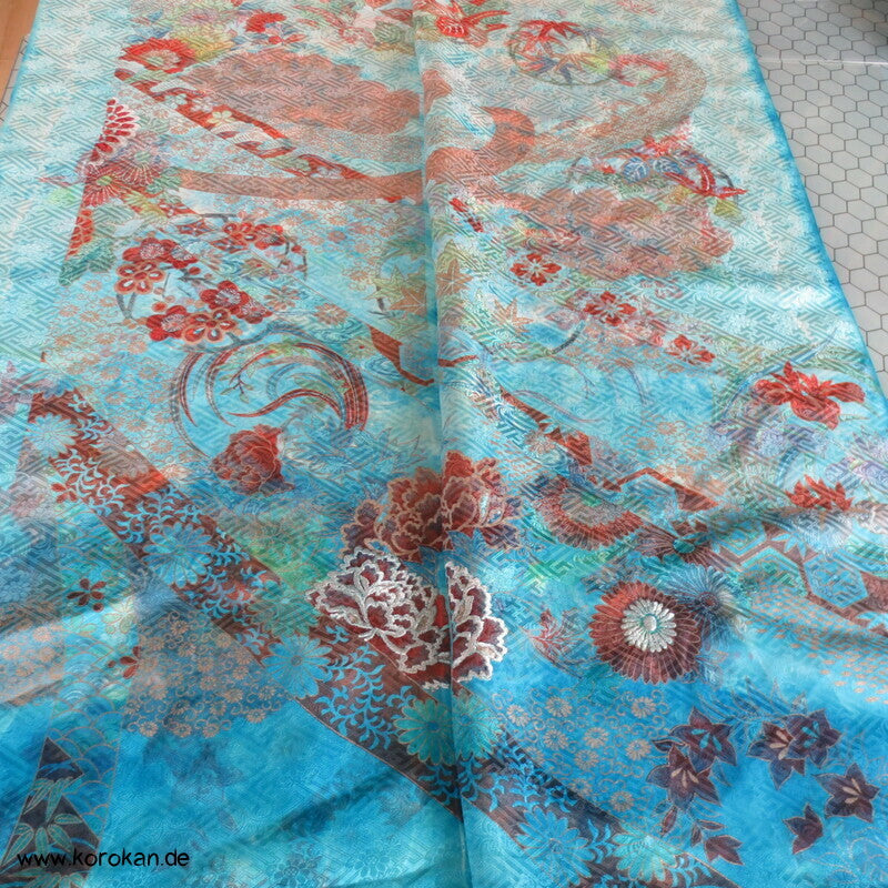 Sayagata Rinzu Damast Seide, Stickerei, Furisode Araihari Stoffstücke, überfärbt