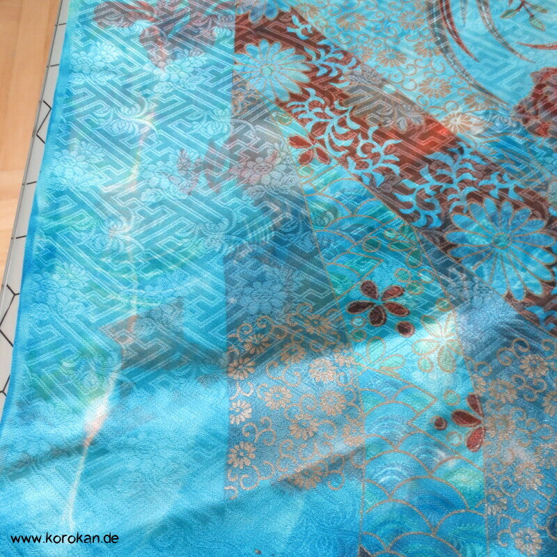 Sayagata Rinzu Damast Seide, Stickerei, Furisode Araihari Stoffstücke, überfärbt