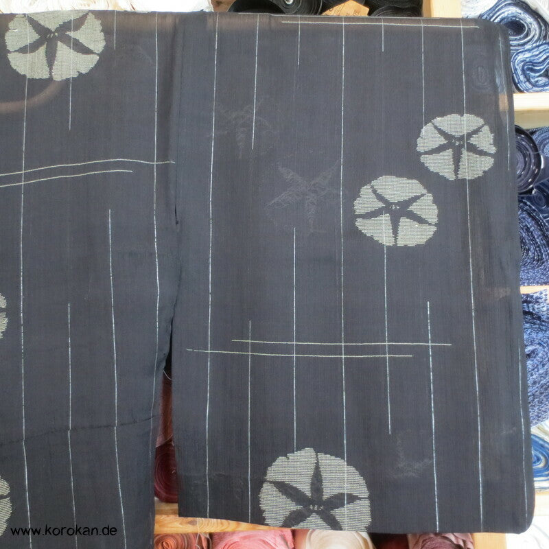 gewebte Ackerwinden auf schwarz Crepe Chiffon Seide Hitoe Kimono