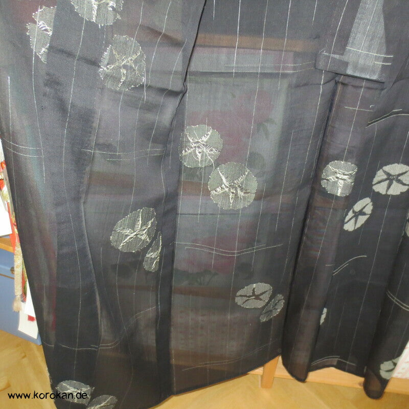 gewebte Ackerwinden auf schwarz Crepe Chiffon Seide Hitoe Kimono
