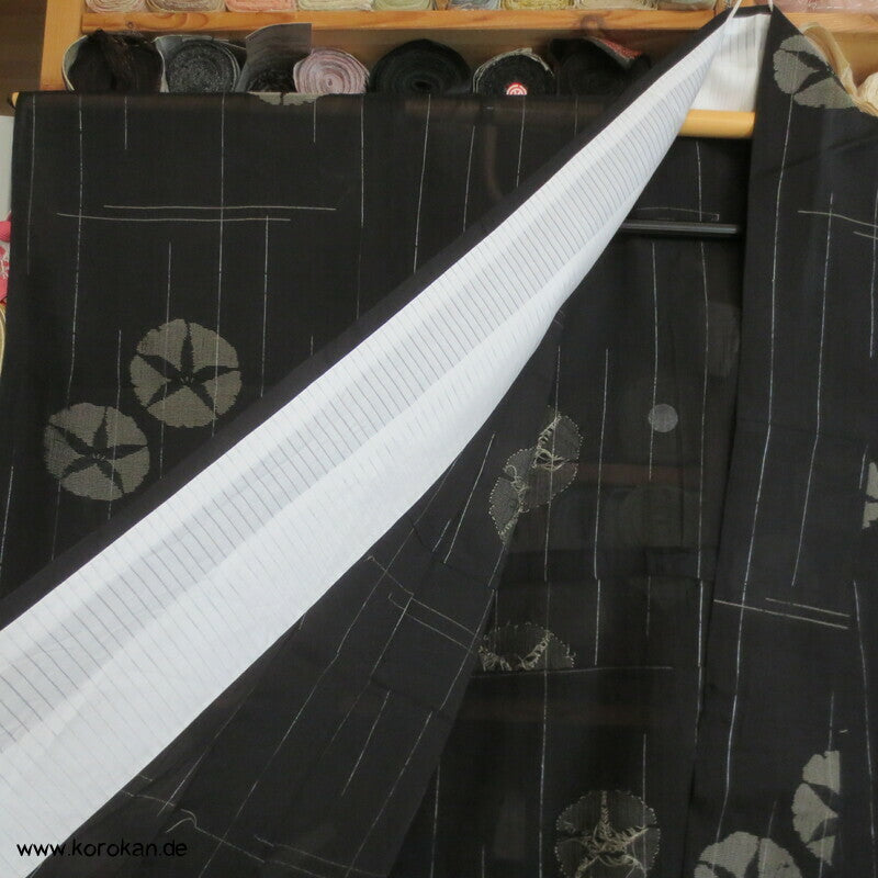 gewebte Ackerwinden auf schwarz Crepe Chiffon Seide Hitoe Kimono