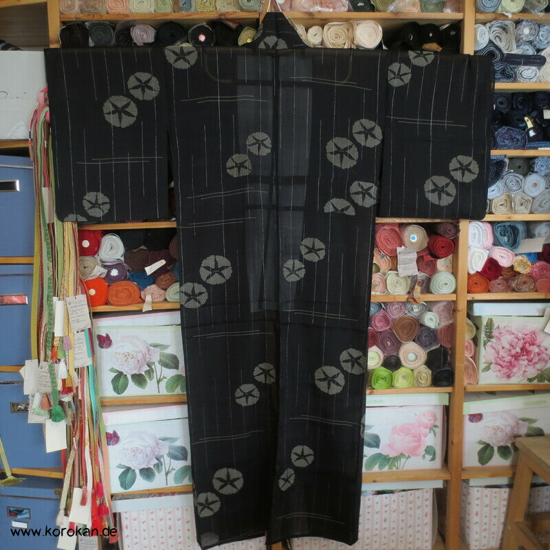 gewebte Ackerwinden auf schwarz Crepe Chiffon Seide Hitoe Kimono