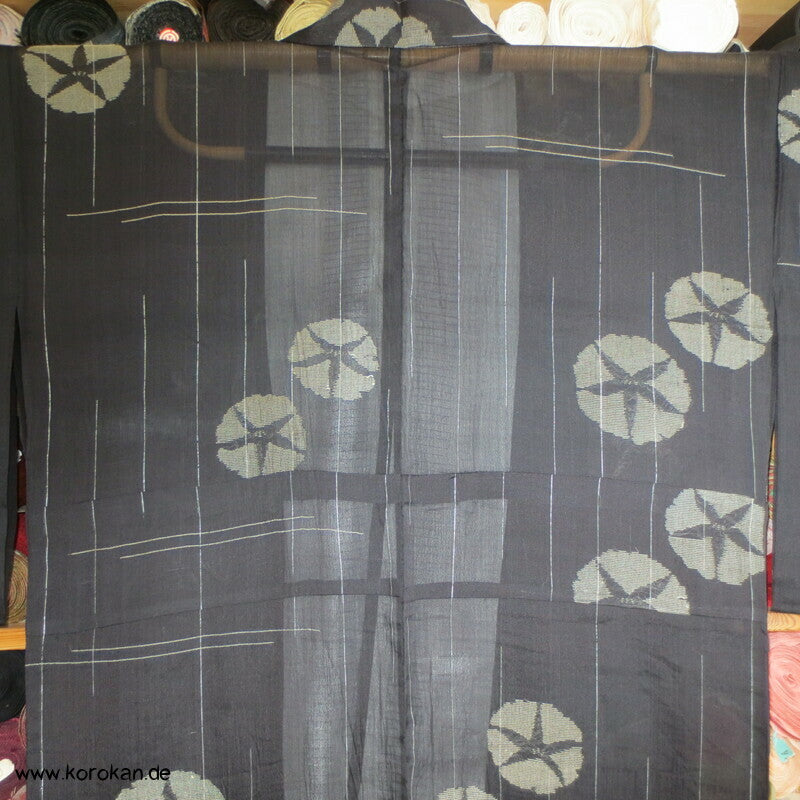 gewebte Ackerwinden auf schwarz Crepe Chiffon Seide Hitoe Kimono