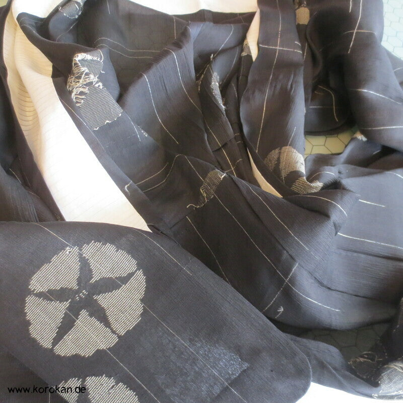 gewebte Ackerwinden auf schwarz Crepe Chiffon Seide Hitoe Kimono