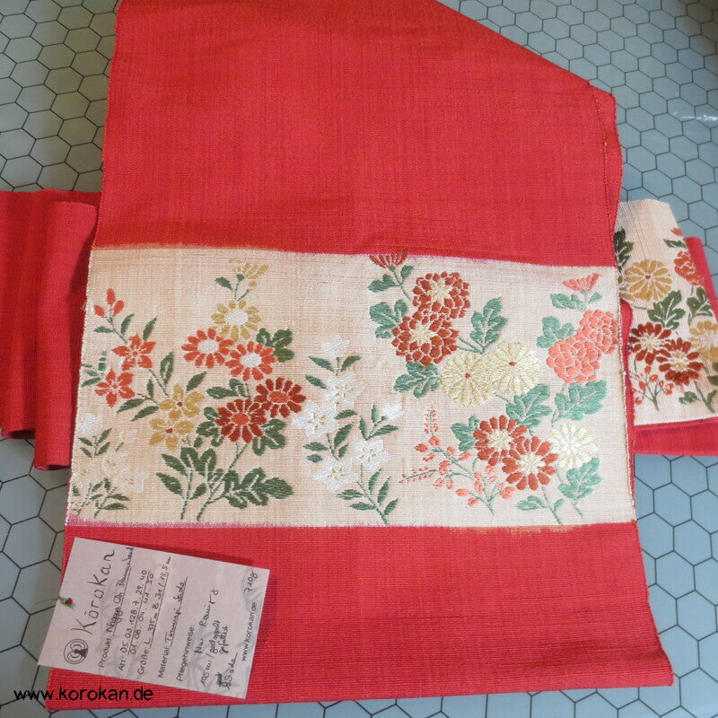 Blumenband Nagoya Obi - hellrote Tsumugi Seide