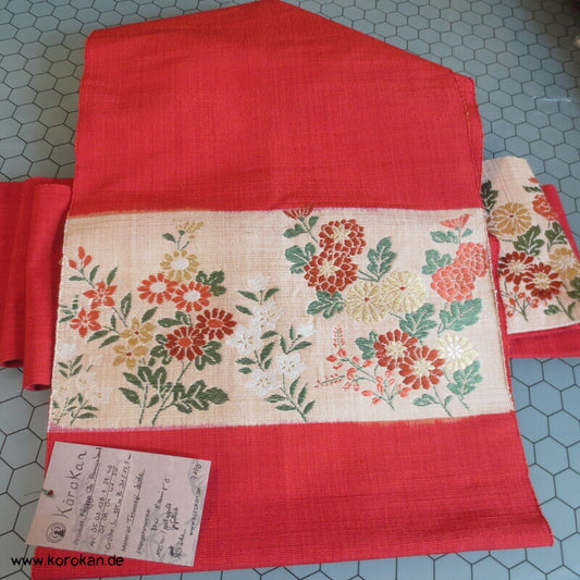Blumenband Nagoya Obi - hellrote Tsumugi Seide