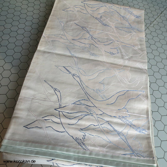 Kraniche blau silber gewebt Fukuro Obi Seidenbrokat Kimonogürtel