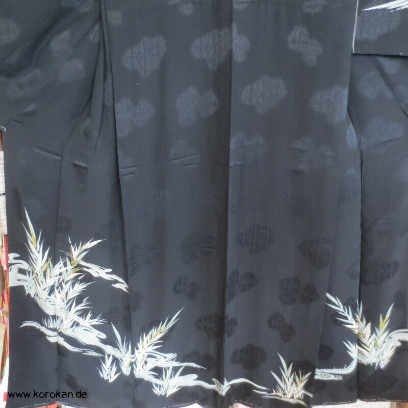 Bambusmuster Homongi Kimono, schwarzgrundig, abstrakter Rinzu Damast