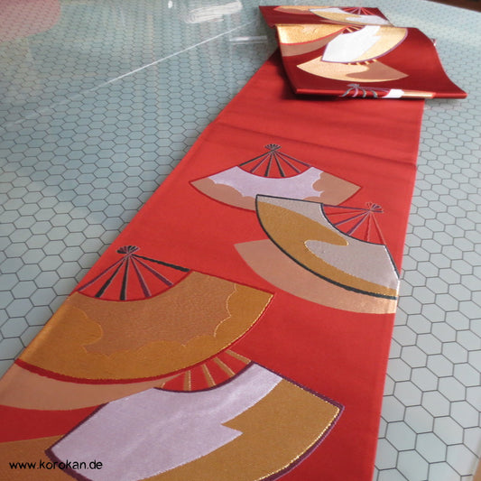 Fächer persimmon gold Fukuro Obi Seidenbrokat Kimonogürtel