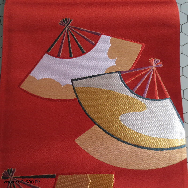 Fächer persimmon gold Fukuro Obi Seidenbrokat Kimonogürtel