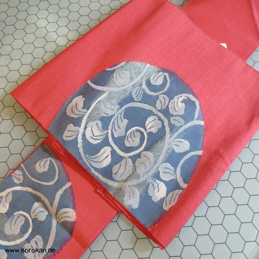 Blätterspirale Nagoya Obi - Tsumugi in blassweinrot