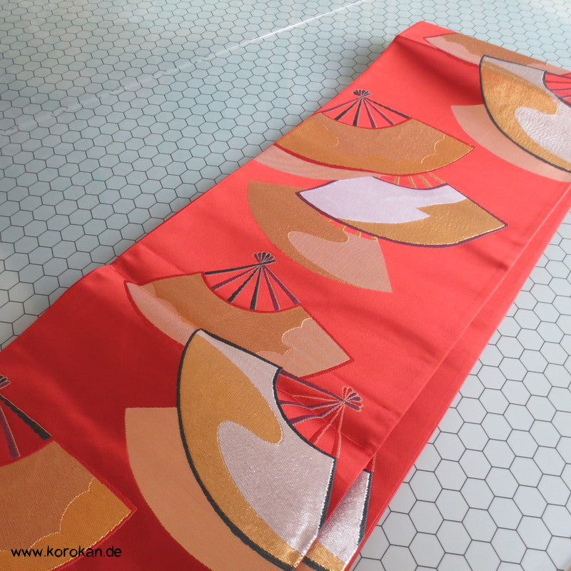 Fächer persimmon gold Fukuro Obi Seidenbrokat Kimonogürtel