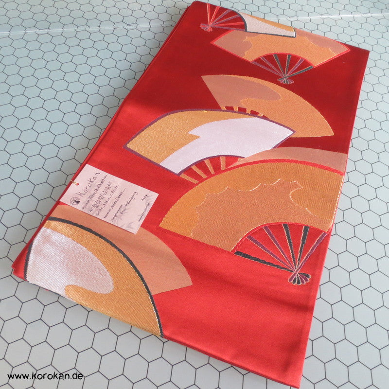 Fächer persimmon gold Fukuro Obi Seidenbrokat Kimonogürtel