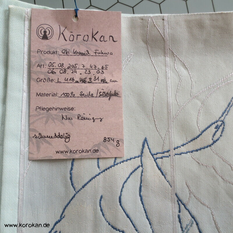 Kraniche blau silber gewebt Fukuro Obi Seidenbrokat Kimonogürtel