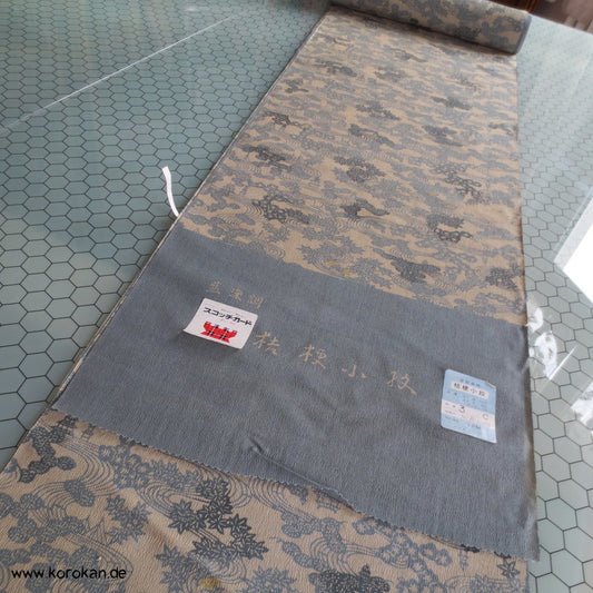 Flußlandschaft grau - beige Seide/ Wolle Kimono Stoff