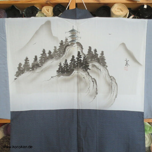 Tempelfutter blaues Kikko Kasuri Seiden Tsumugi Haori