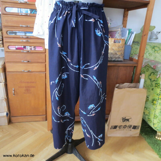 Hose aus Yukata Kimono Baumwolle,Fischschwarm indigo, Durchzugband
