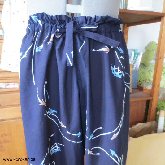 Hose aus Yukata Kimono Baumwolle,Fischschwarm indigo, Durchzugband