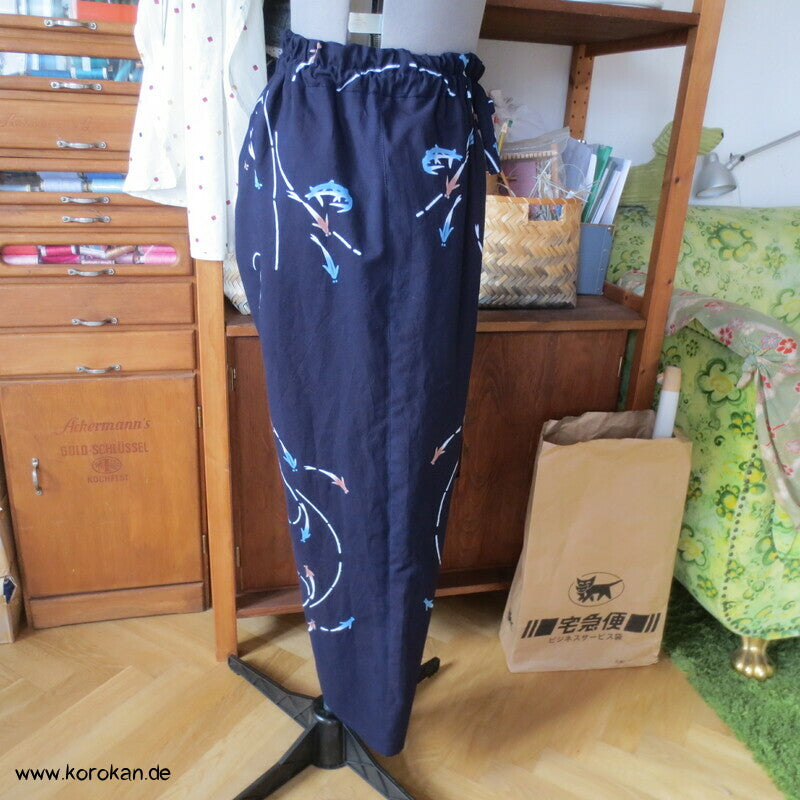 Hose aus Yukata Kimono Baumwolle,Fischschwarm indigo, Durchzugband