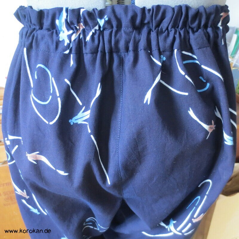 Hose aus Yukata Kimono Baumwolle,Fischschwarm indigo, Durchzugband
